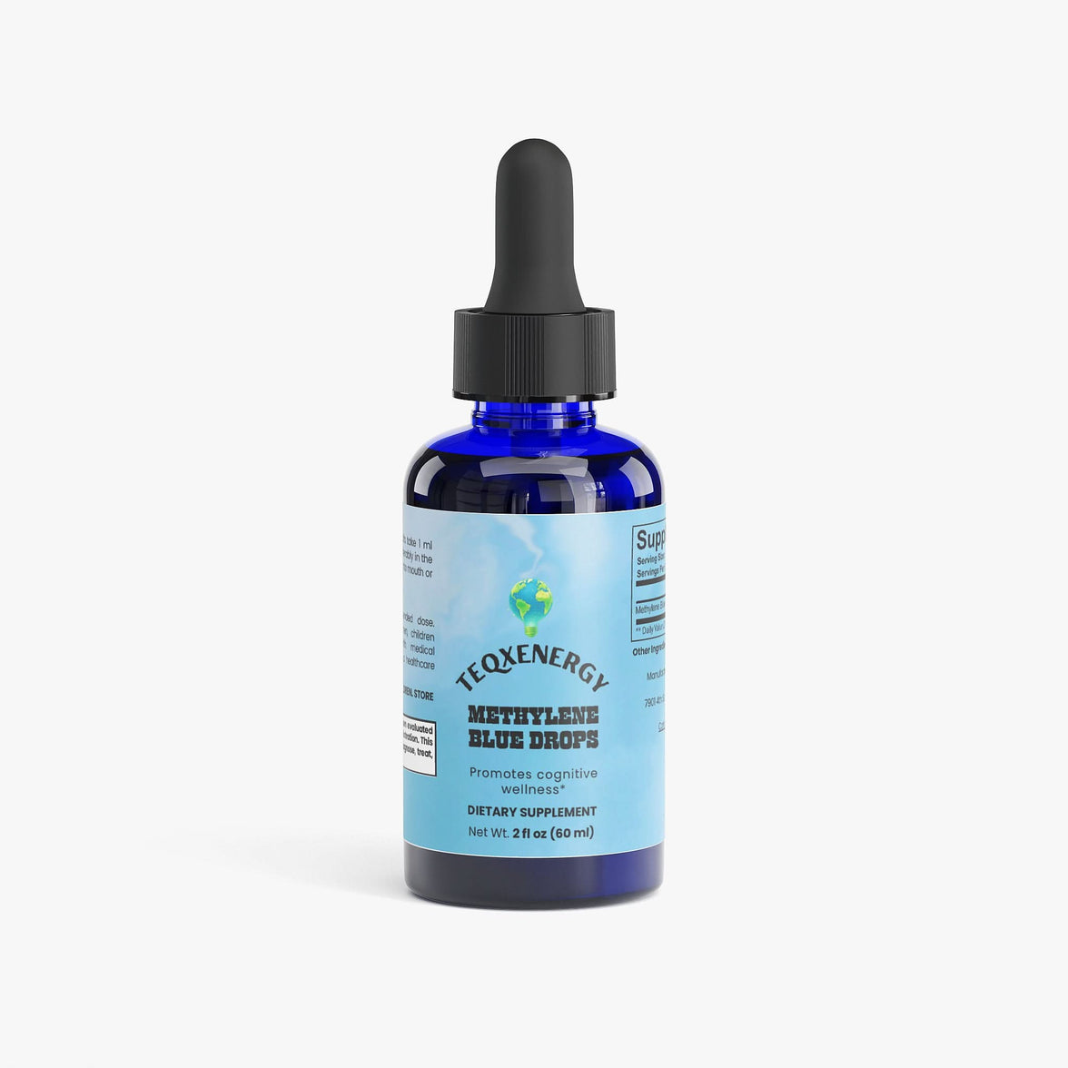 Methylene Blue Drops in a dropper bottle, offering mitochondrial energy and cognitive support with 10mg per serving.