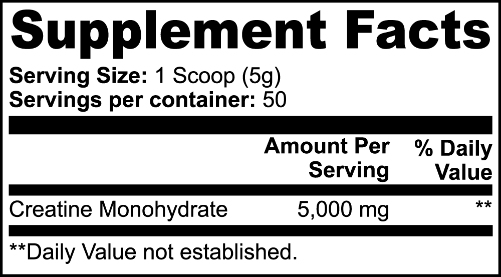 TeqenX Creatine Monohydrate supplement facts label showing 5g serving size and 50 servings per container.