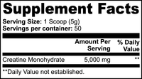 TeqenX Creatine Monohydrate supplement facts label showing 5g serving size and 50 servings per container.