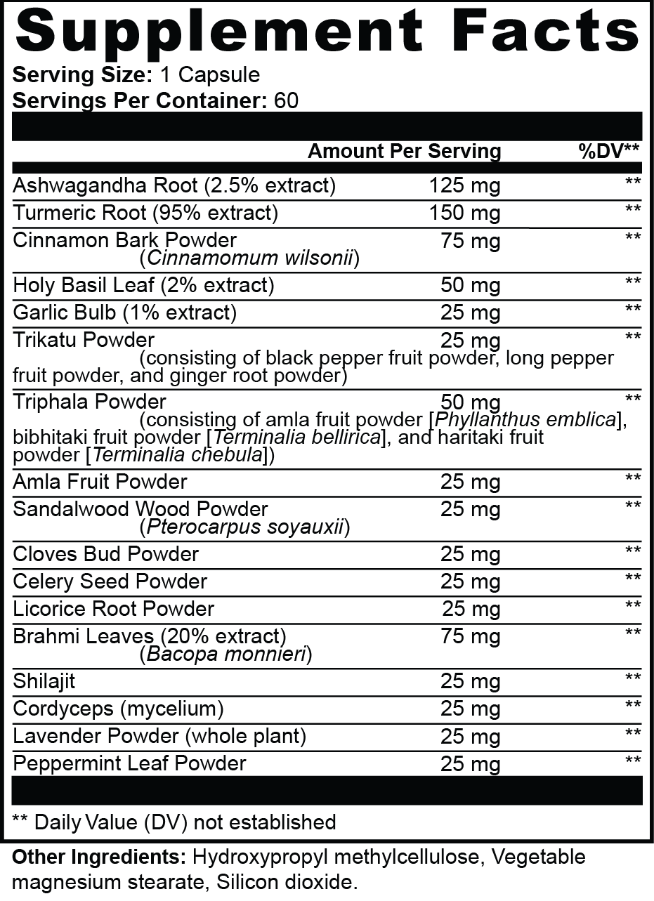 TeqenX Vital Harmony Ayurvedic Complex supplement facts panel showcasing ingredients like Ashwagandha, Holy Basil, and Turmeric.