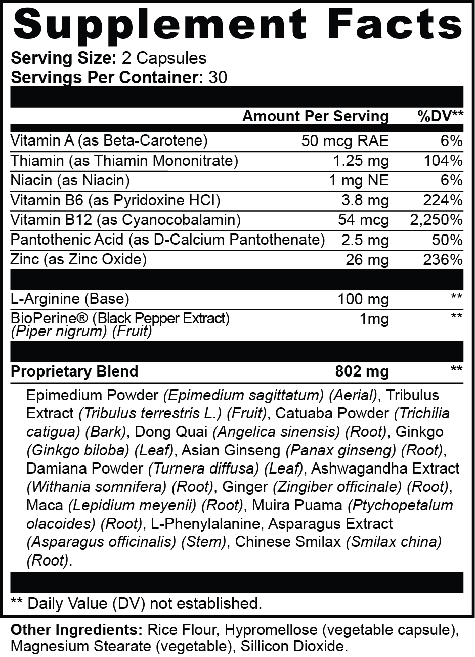 TeqenX HERHARMONY Female Enhancement supplement facts label showcasing active ingredients for women's wellness and vitality.