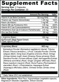 TeqenX HERHARMONY Female Enhancement supplement facts label showcasing active ingredients for women's wellness and vitality.