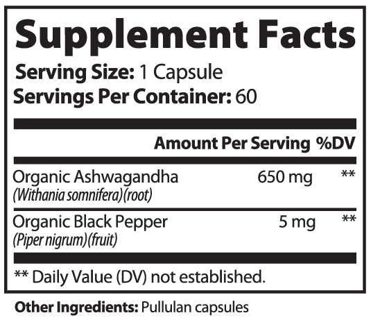 TeqenX Organic Ashwagandha capsules for stress relief and calm energy, enhanced with black pepper for better absorption. Vegan and organic.