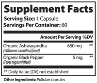TeqenX Organic Ashwagandha capsules for stress relief and calm energy, enhanced with black pepper for better absorption. Vegan and organic.