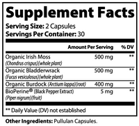 TeqenX Sea Moss combines organic Irish Moss, Bladderwrack, and Burdock Root with BioPerine® for optimal absorption. This superfood blend supports immune function, promotes thyroid health, and aids detoxification. Take 2 capsules daily for enhanced wellness. Trust in premium ingredients for your health: organic Irish Moss for immunity, organic Bladderwrack for thyroid support, and organic Burdock Root for detox benefits. Elevate your wellness routine effortlessly with TeqenX Sea Moss.