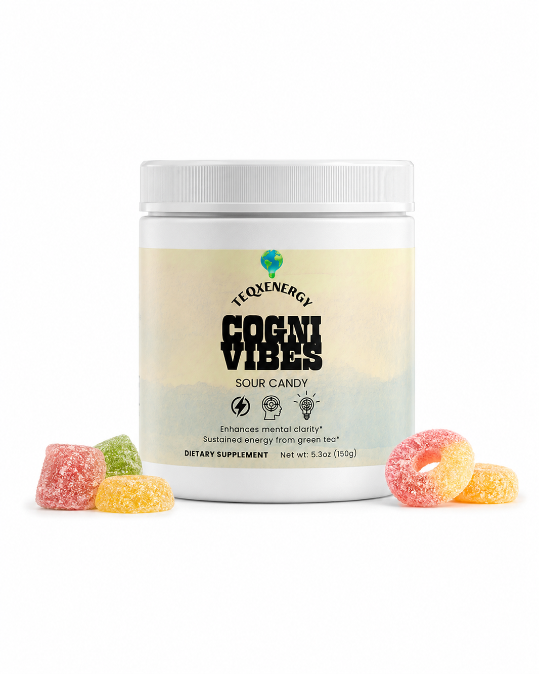 CogniVibes Cognitive Performance Sour Candy in a white container with colorful candy pieces, designed to enhance mental clarity and energy.