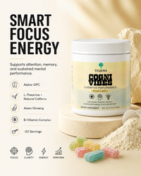 CogniVibes Cognitive Performance Sour Candy container with colorful candy pieces, featuring benefits for focus, clarity, and energy.