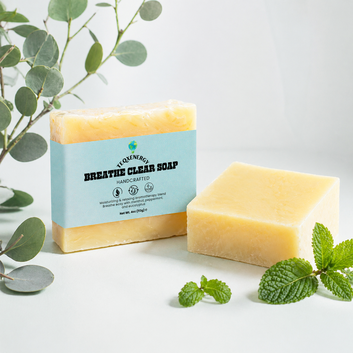 TeqenX Breathe Clear Soap offers an invigorating aromatherapy experience with eucalyptus and peppermint essential oils. This organic soap hydrates with shea butter while delivering a refreshing cleanse. Enjoy a spa-like feel at home with its energizing scent and ethical, fair trade ingredients. Ideal for those seeking luxury and wellness in one premium bar.