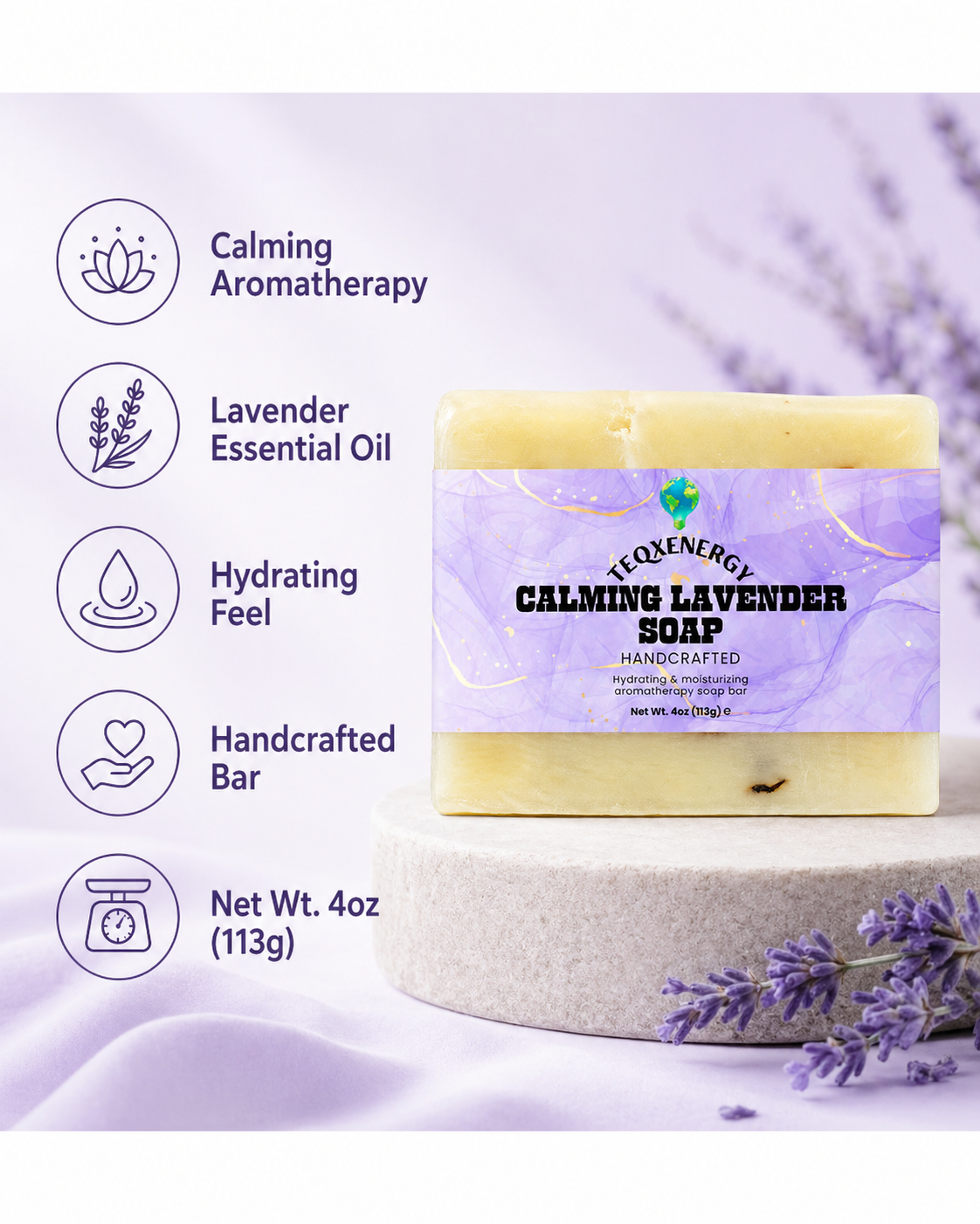 Calming Lavender Soap - Pure Essential Oil Bar 4oz