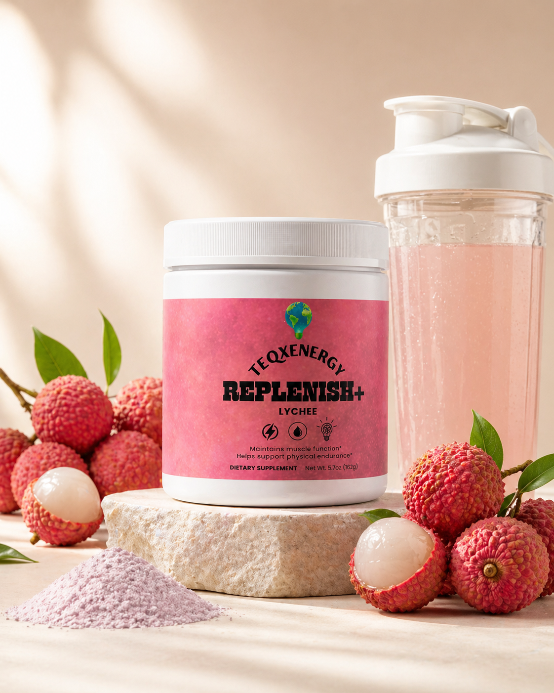 Pink supplement container labeled 'REPLENISH+' with lychees and a shaker in the background.