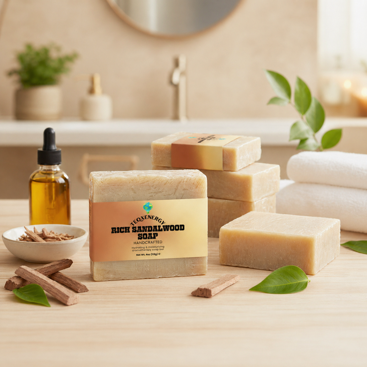 Experience the luxury of TeqenX Rich Sandalwood Soap, a handcrafted bar perfect for sensitive skin. Infused with premium sandalwood and Fair Trade organic oils, this soap offers a gentle cleanse while deeply hydrating your skin. Ideal for all skin types, it transforms your daily routine into a soothing self-care ritual. Enjoy relaxation and nourishment with every wash.