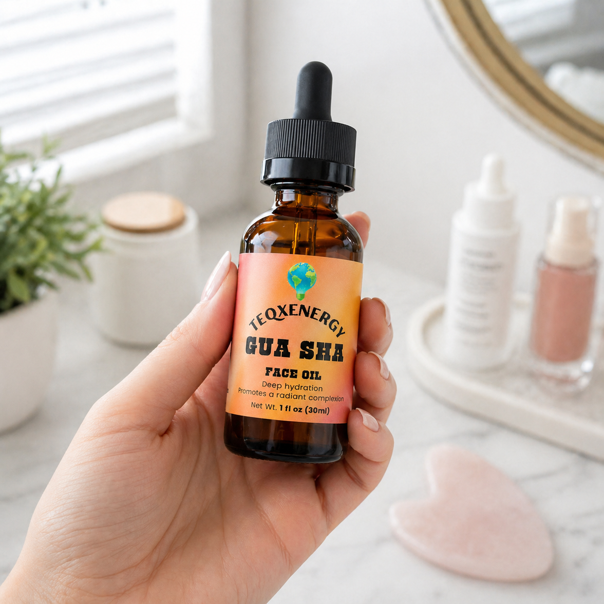 TeqenX Gua Sha Face Oil combines 11 premium botanical oils for enhanced radiance and hydration. Ideal for gua sha massage or daily use, this silky formula supports skin renewal and minimizes fine lines. Experience deep hydration, improved elasticity, and a luminous complexion with this luxurious anti-aging oil. Perfect for your skincare routine.