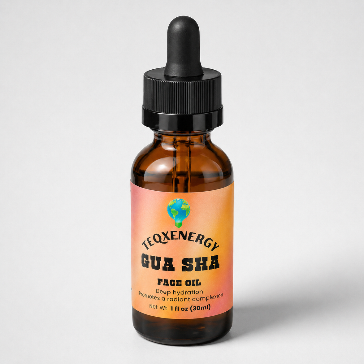 TeqenX Gua Sha Face Oil in a dark amber dropper bottle, featuring 11 botanical oils for hydration and radiance.