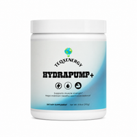 HYDRAPUMP+ Creatine Hydration Powder in a white container with blue gradient design, supports muscle strength and electrolyte balance.