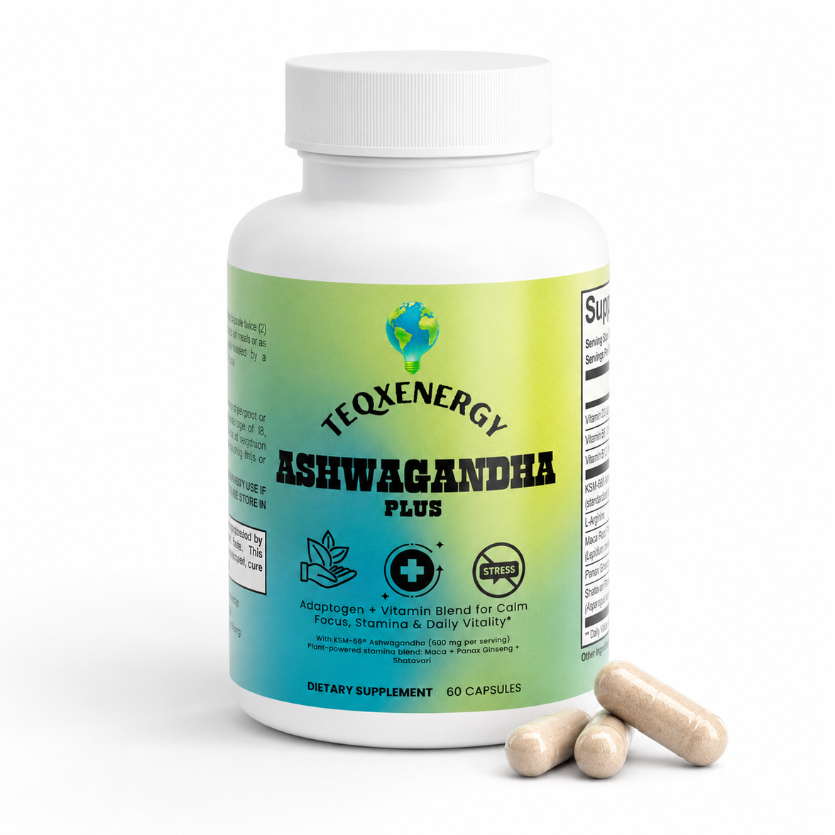Elevate your performance with Ashwagandha Plus, a powerful stress resilience and vitality complex. Featuring clinical KSM-66® Ashwagandha (600mg), it helps normalize cortisol levels for enhanced calm and focus. Key benefits include strengthened stress resilience, clean energy from B-vitamins and adaptogens, increased physical vitality, hormonal balance support, and immune health enhancement. Choose Ashwagandha Plus for a confident, energized lifestyle without compromises.