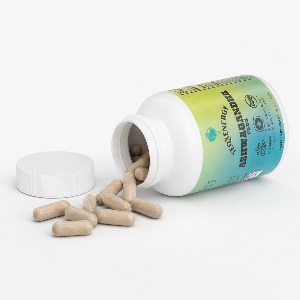 White bottle of Ashwagandha Plus with a green and blue label, showcasing beige capsules spilling out.