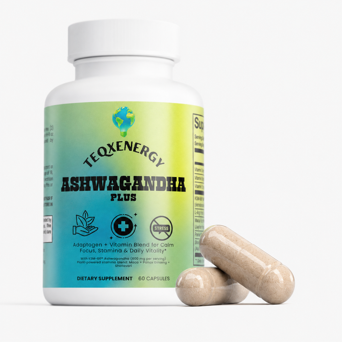 Ashwagandha Plus features KSM-66® Ashwagandha for stress resilience and vitality. Enjoy enhanced calm, focus, and sustained energy with added B-vitamins, Maca Root, and Ginseng. Support your hormonal balance and immune function for a confident, energized lifestyle. Choose Ashwagandha Plus for optimal performance without compromise.