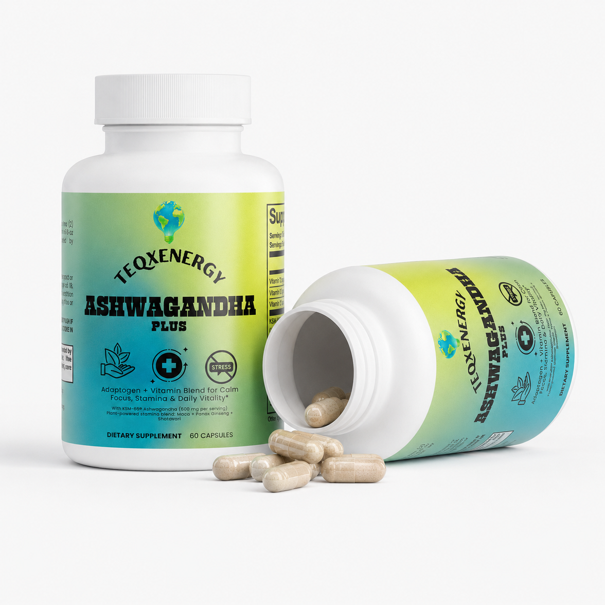 Ashwagandha Plus capsules in a white bottle with a green and blue label, promoting stress resilience and vitality.