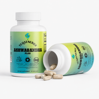 Ashwagandha Plus capsules in a white bottle with a green and blue label, promoting stress resilience and vitality.