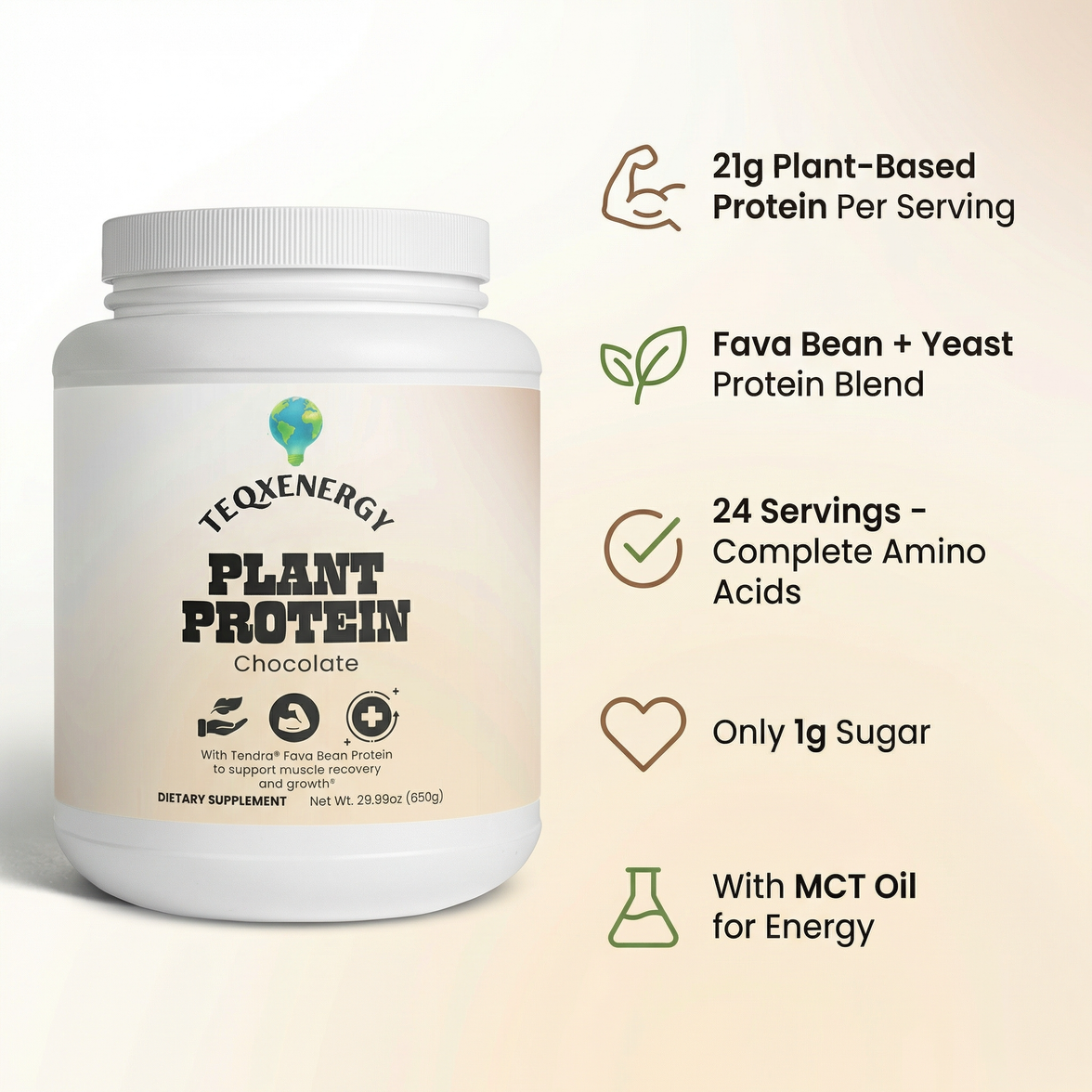 TeqenX Plant Protein Chocolate offers 21g of complete vegan protein with a rich chocolate flavor and only 110 calories per serving. This allergen-friendly formula is dairy-free, soy-free, gluten-free, and non-GMO. Enhanced with MCT oil for energy and metabolism support, it's perfect for muscle recovery and weight management. Enjoy a delicious treat without artificial additives—simply mix with water or your favorite beverage. Each 29.99 oz container provides about 28 servings for effective vegan nutrition.