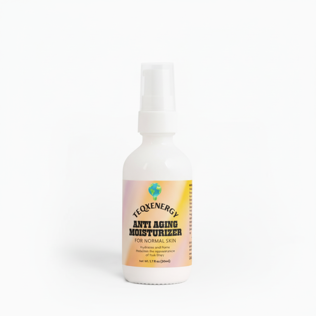 TeqenX Anti Aging Moisturizer in a white pump bottle, designed for normal skin to reduce fine lines and enhance hydration.