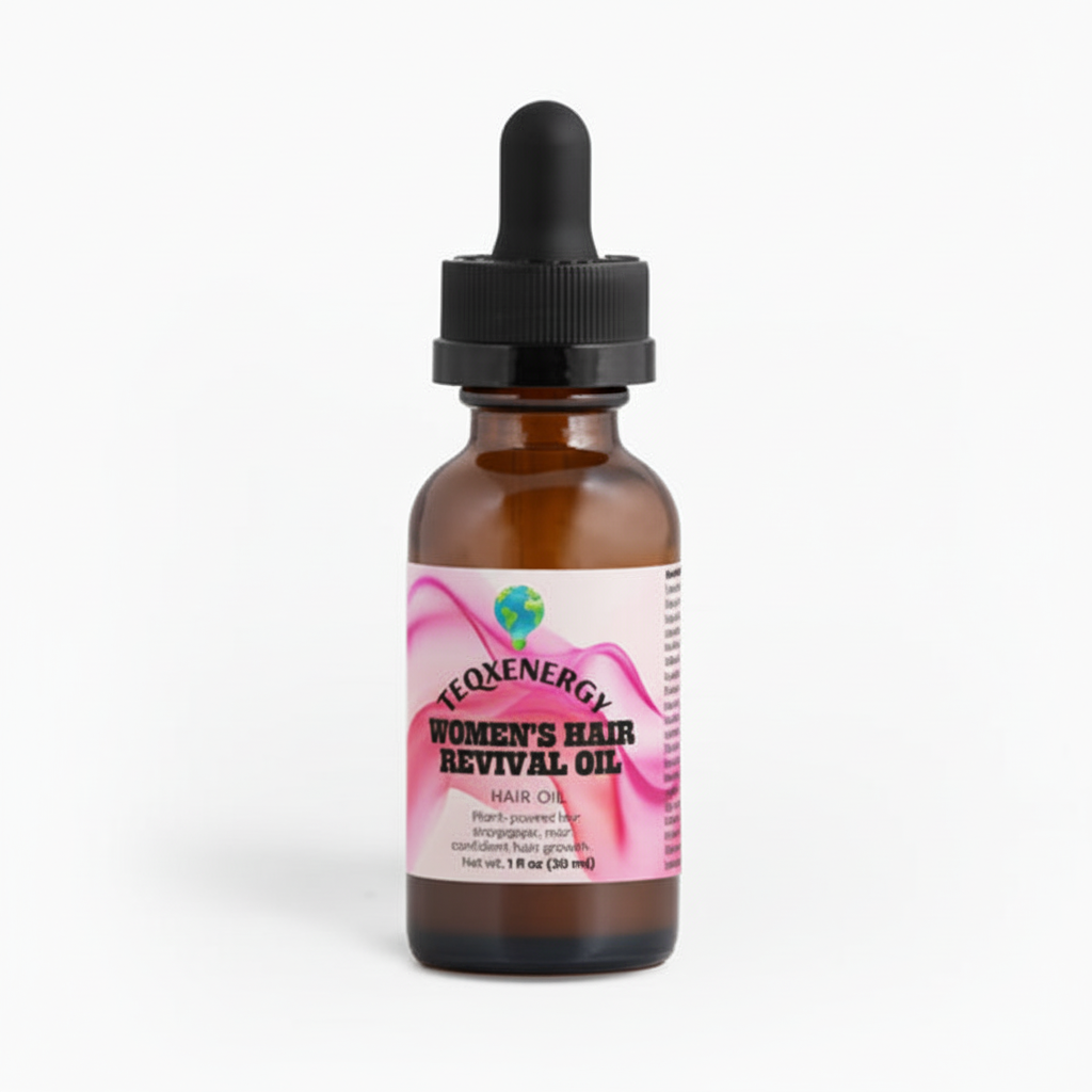 TeqenX Women's Hair Revival Oil in a brown glass dropper bottle promotes hair growth, volume, and scalp health with nourishing botanicals.