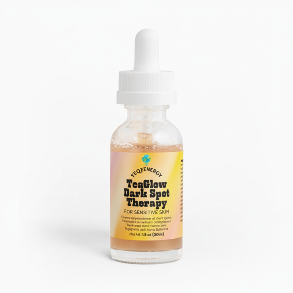 TeqGlow Dark Spot Therapy in a clear glass dropper bottle, designed for sensitive skin, featuring a soothing formula with adaptogenic mushrooms.