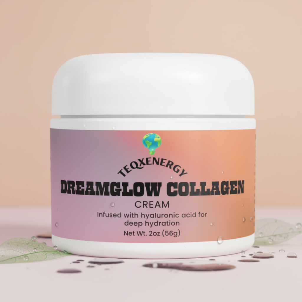 TeqenX Dreamglow Collagen Cream in a jar, featuring hyaluronic acid for deep hydration and promoting skin elasticity.