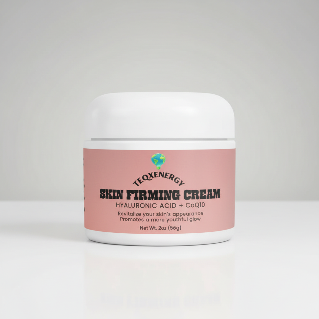 TeqenX Skin Firming Cream in a white jar with a pink label, featuring Hyaluronic Acid and CoQ10 for anti-aging benefits.